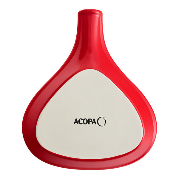 An Acopa red stoneware fry pan server with a white circle and handle.