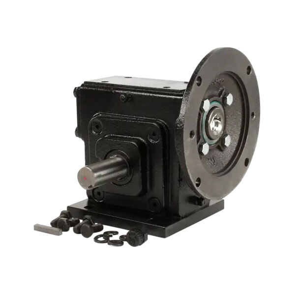 A black metal Stero gearbox with a round metal cylinder.
