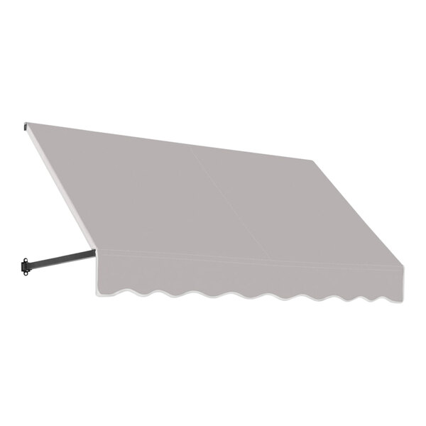 An open-sided gray fabric awning over a white background.