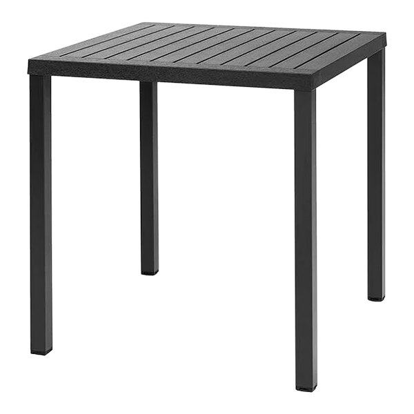 A black square Nardi table with legs on an outdoor patio.