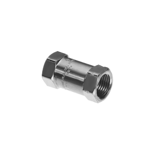 A close-up of a stainless steel threaded pipe fitting nut.