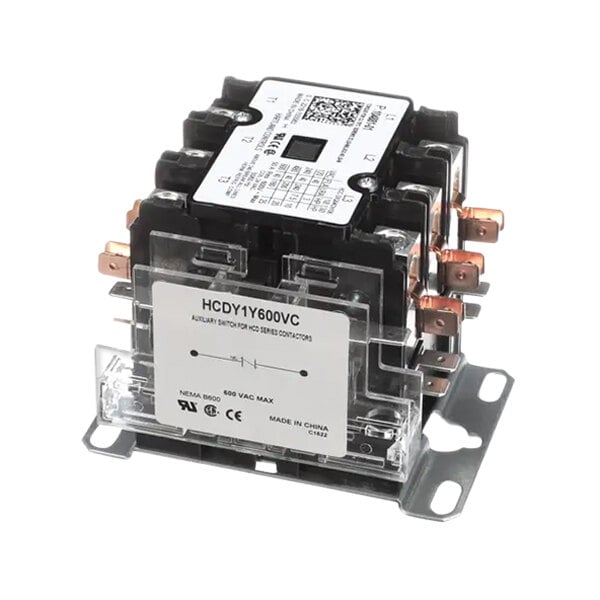 A close-up of a Lennox 3-pole contactor with two wires.