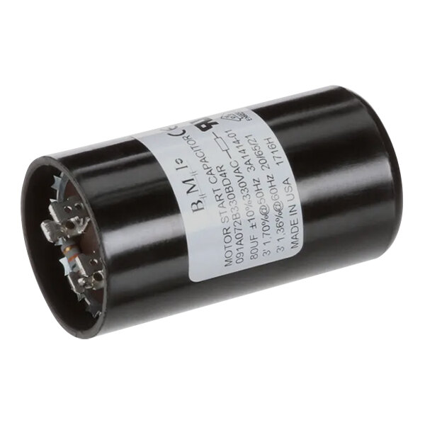 A black round cylindrical Hoshizaki capacitor with a white label.