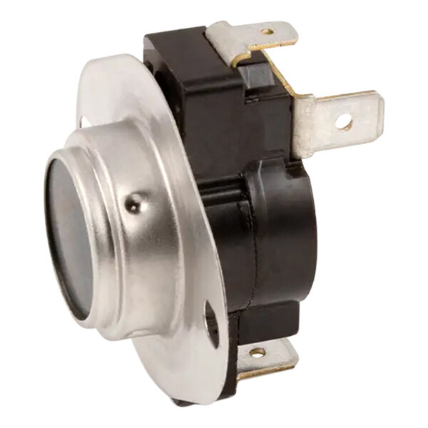 A black and silver metal switch with a black cover on a Lennox 10M63 Limit Control.
