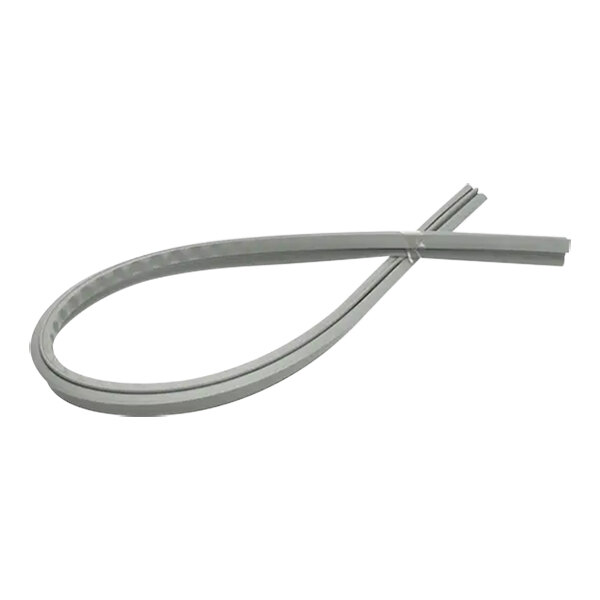 A grey plastic gasket with a long, thin, and curved end.