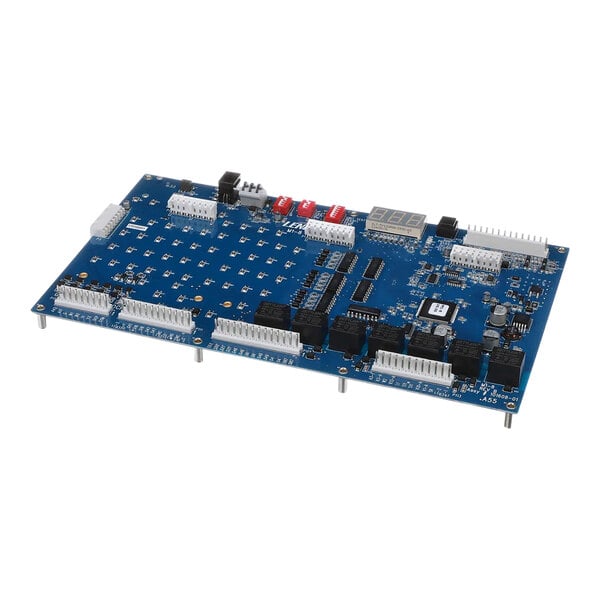 A blue circuit board for a Lennox HVAC system with many small components.
