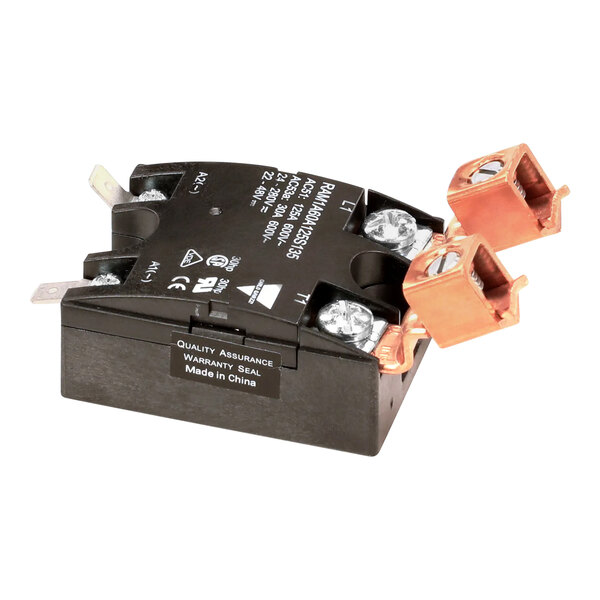 A black electrical device with orange and black wires and silver screws.