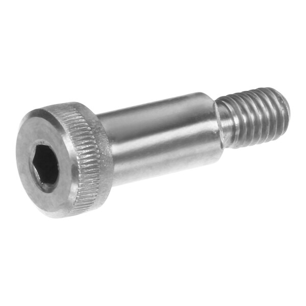 A close-up of a stainless steel Hobart Shoulder Screw with a nut on it.