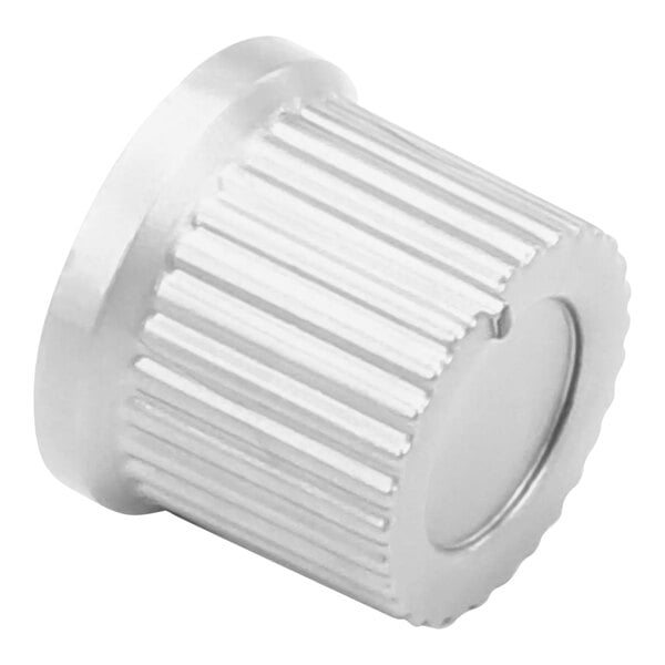 A silver metal Vollrath push-on knob with a circular pattern on the top.