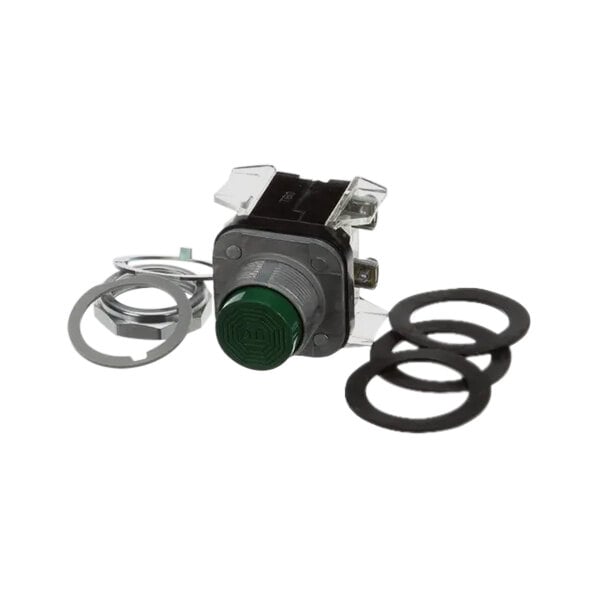 A green button with black rubber rings.