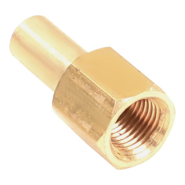 A brass threaded nut on a white background.