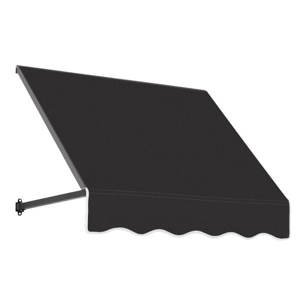 A black open-sided slope fixed fabric awning over a white background.