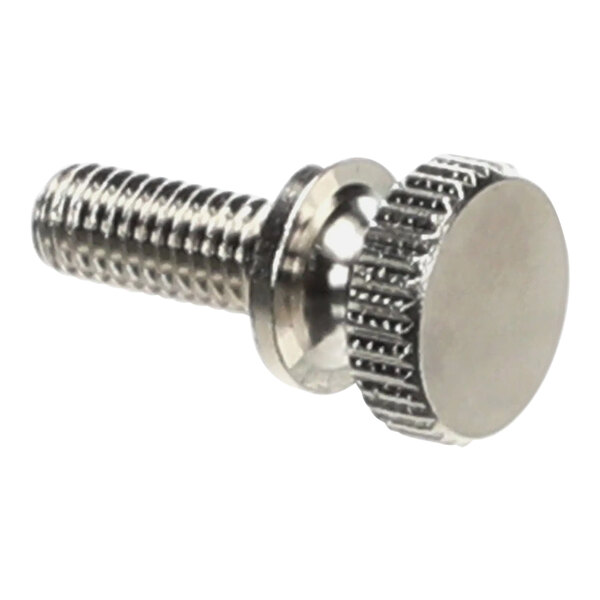 A close-up of a Follett Corporation nickel-plated knurled screw.