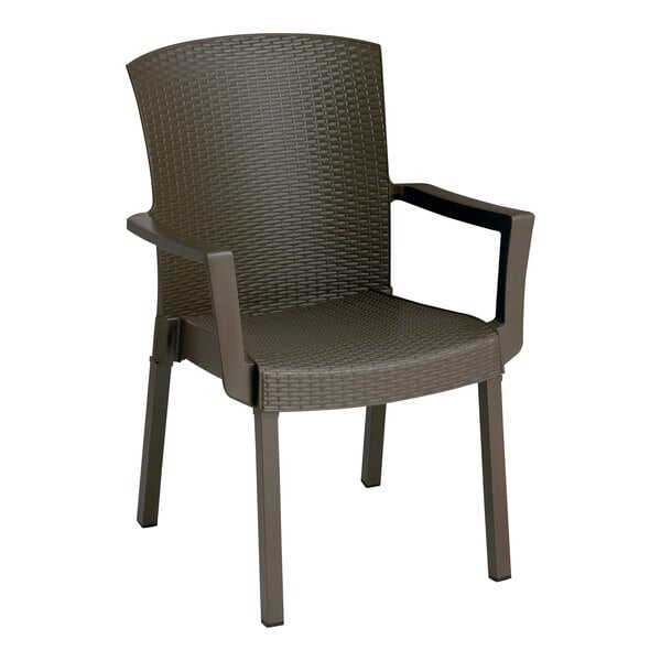 A brown plastic Grosfillex armchair with black armrests.