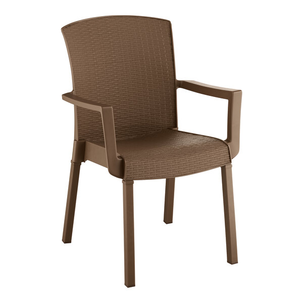 A brown plastic Grosfillex Havana Classic arm chair.