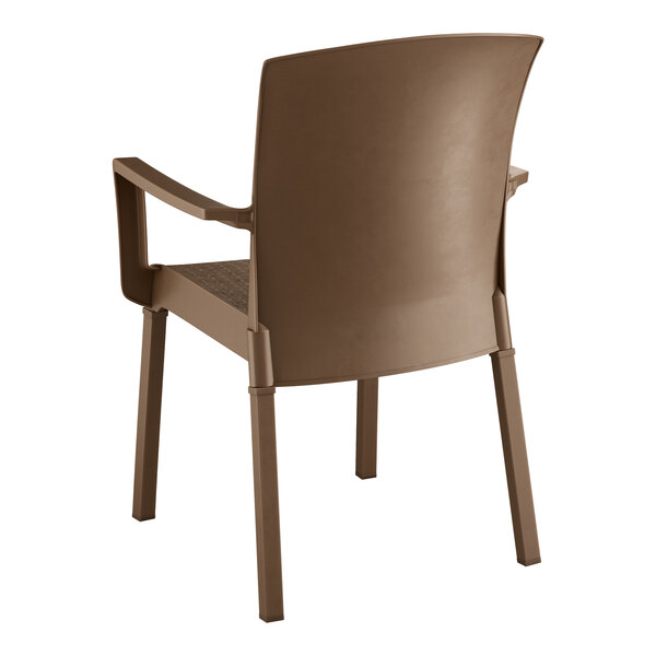 A brown plastic Grosfillex Havana Classic arm chair.