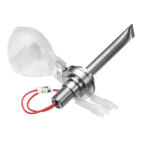 A metal and plastic Stero float probe assembly with red wire.