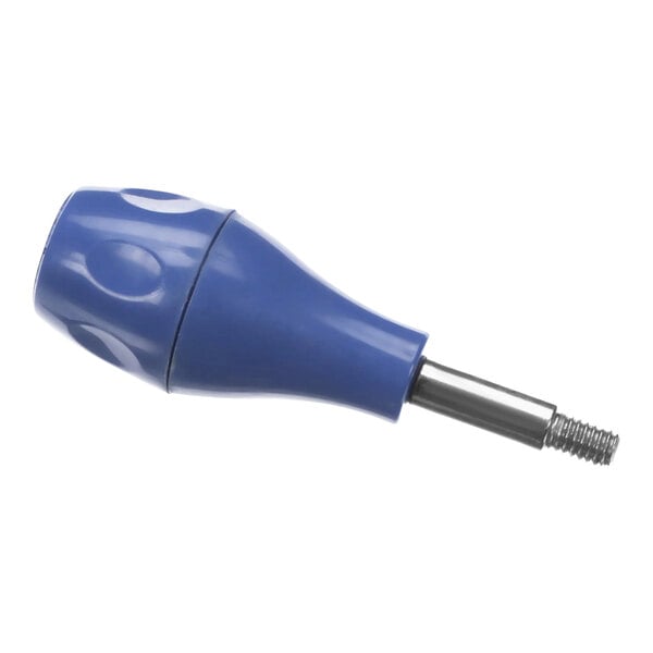 A blue metal gear lever knob with a metal screw shaft.