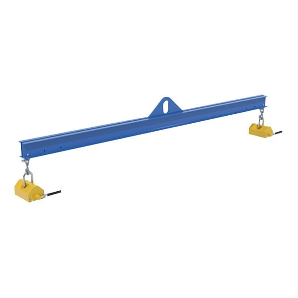 A blue steel Vestil spreader beam with yellow metal hooks.
