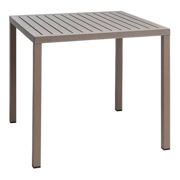 A Nardi square table with a wooden top on a outdoor patio.