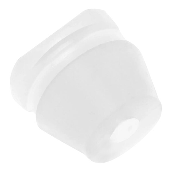A white silicone grommet with a circle in the middle.