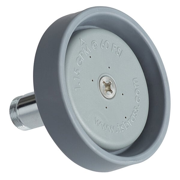 A grey circular T&S pre-rinse spray head assembly with a screw in the center.