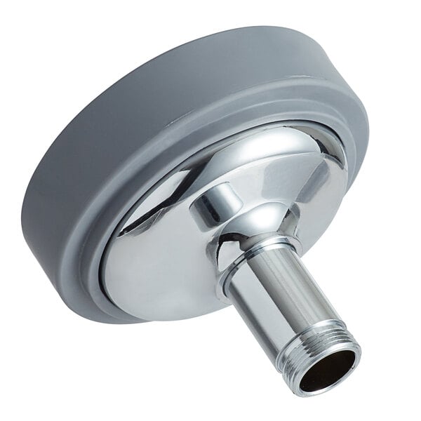 A round metal spray head with a gray finish.