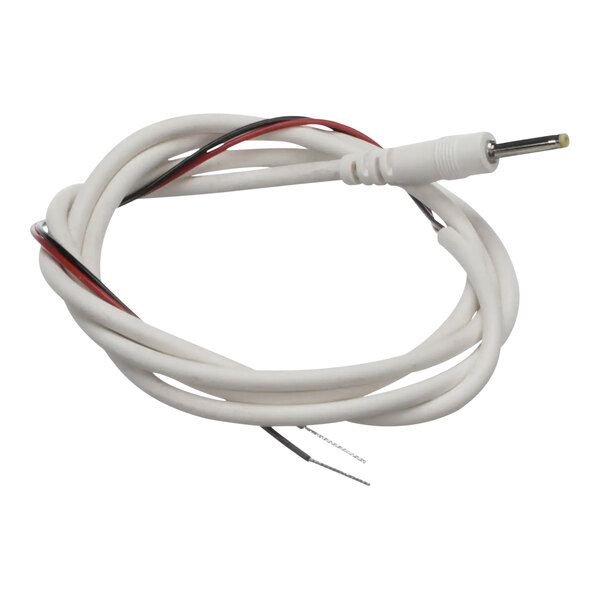 A white cable with black and red wires.