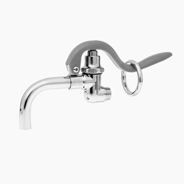 A T&S chrome angled nozzle spray valve with a handle.