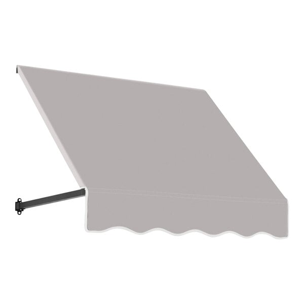 An open-sided gray fabric awning with a light slope.