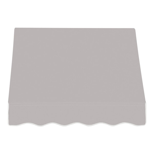 A gray awning with scalloped edges over a white background.