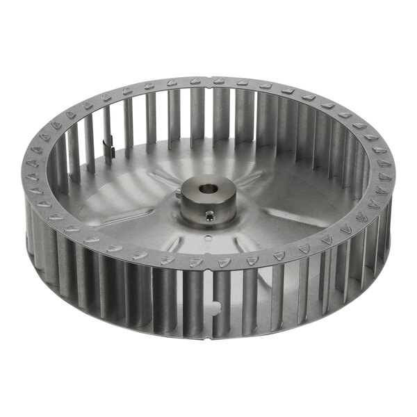 A round metal blower wheel with holes.