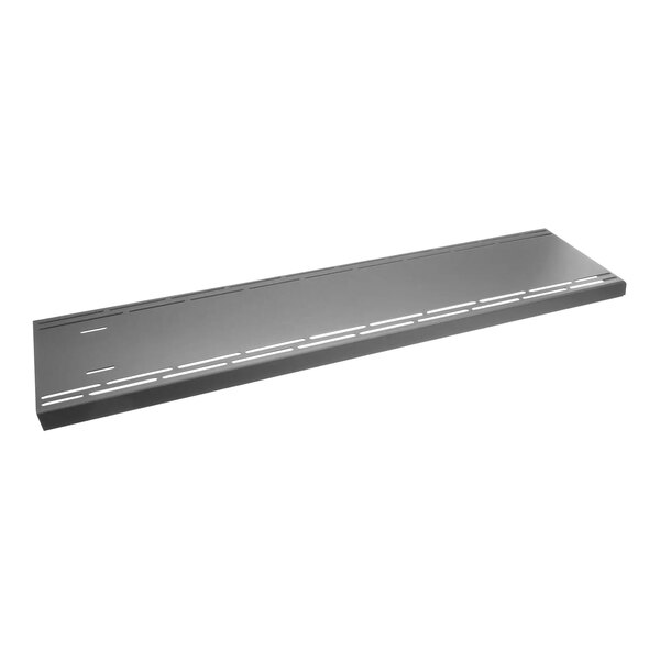 A grey rectangular metal shelf with holes on a Lincoln conveyor oven finger cover.