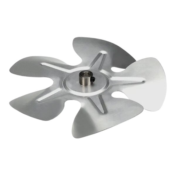 A silver metal Baxter fan blade with 5 wings.