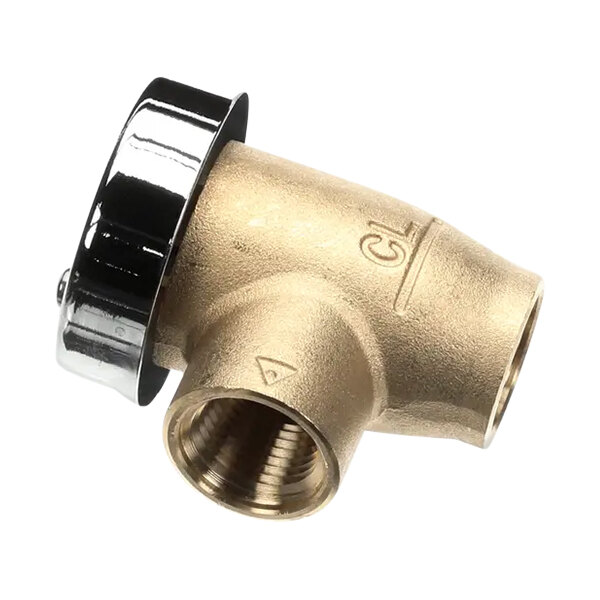 A close up of a Stero brass vacuum breaker with a black knob.
