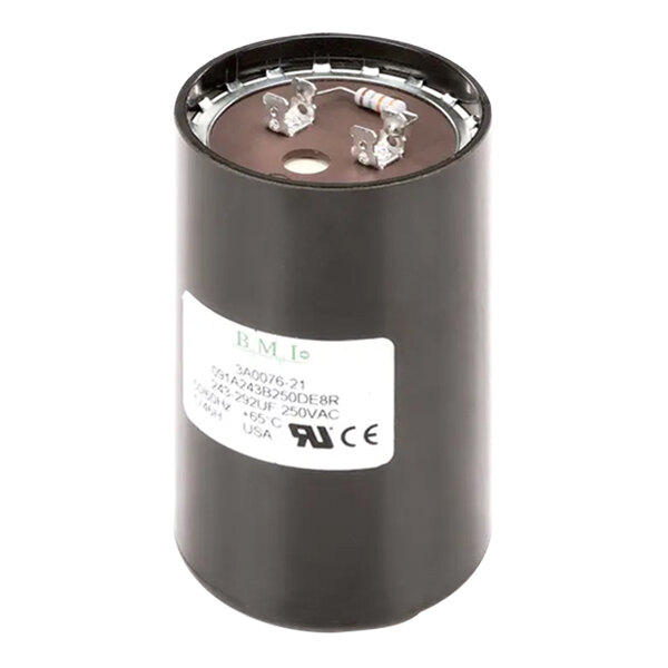 A black cylinder with a white label.