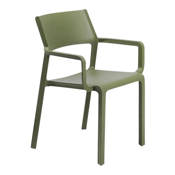 A green plastic Nardi arm chair.