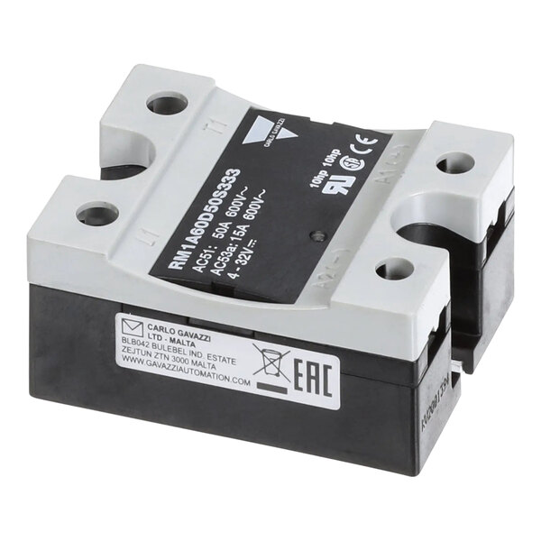 A close-up of a black and white Lincoln SSR 50 A circuit breaker.