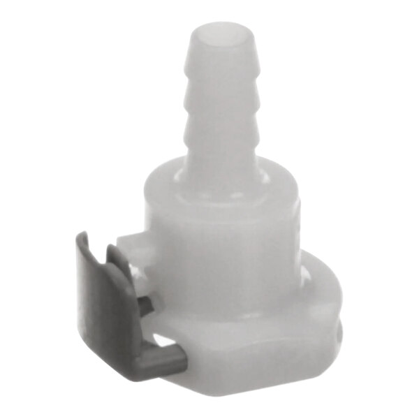 A white plastic Bunn female coupling with a black clip.