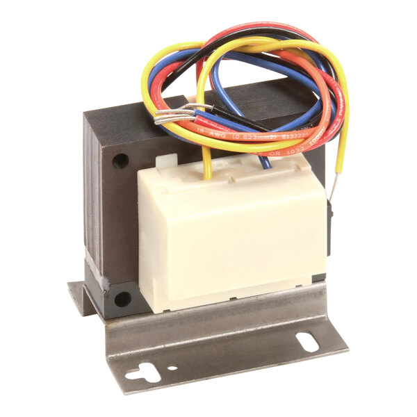 A white rectangular Lennox transformer with wires.