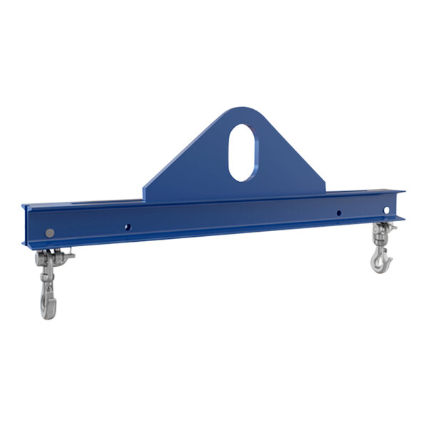 A blue steel Vestil spreader beam with two hooks on it.