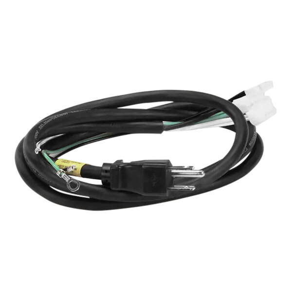 A close-up of a black Bunn electrical cord with a white connector.