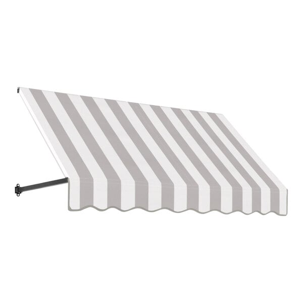 An open-sided grey and white striped Awntech Dallas fabric awning.