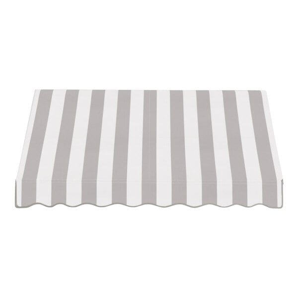 An Awntech Dallas grey and white striped fixed fabric awning.
