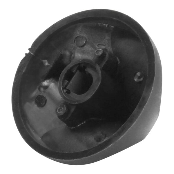 A black circular Vollrath timer/control knob with a hole in it.