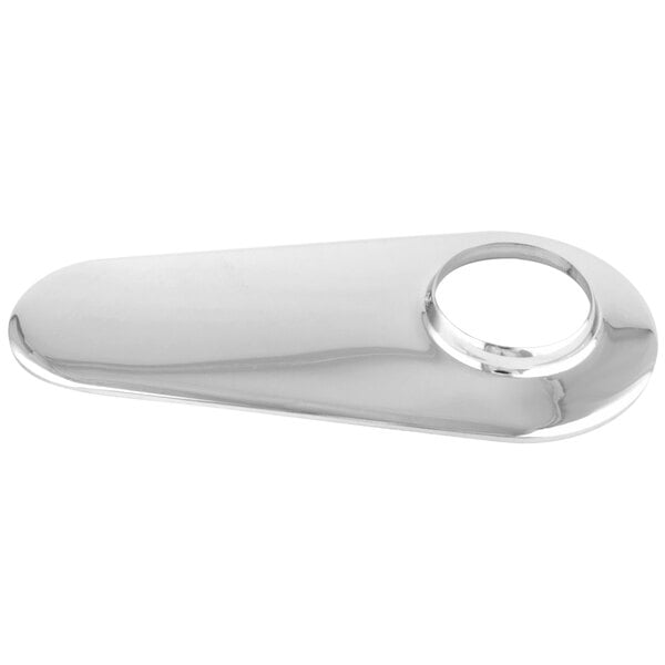A silver plated T&S escutcheon with a hole in it.