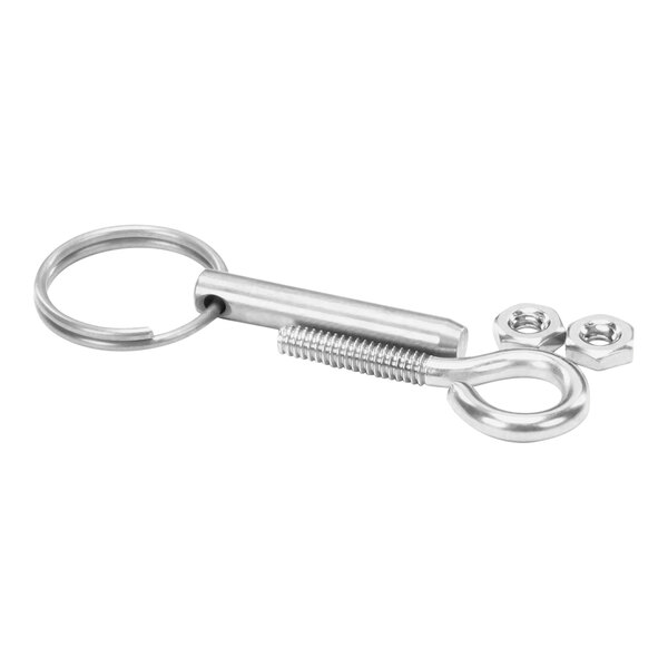 A Crown Verity metal key ring with a screw and nut.