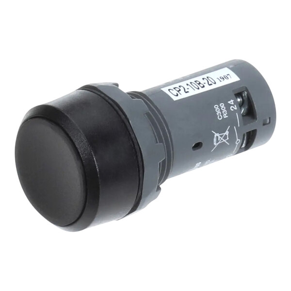 A black round Vollrath power switch with a white label.