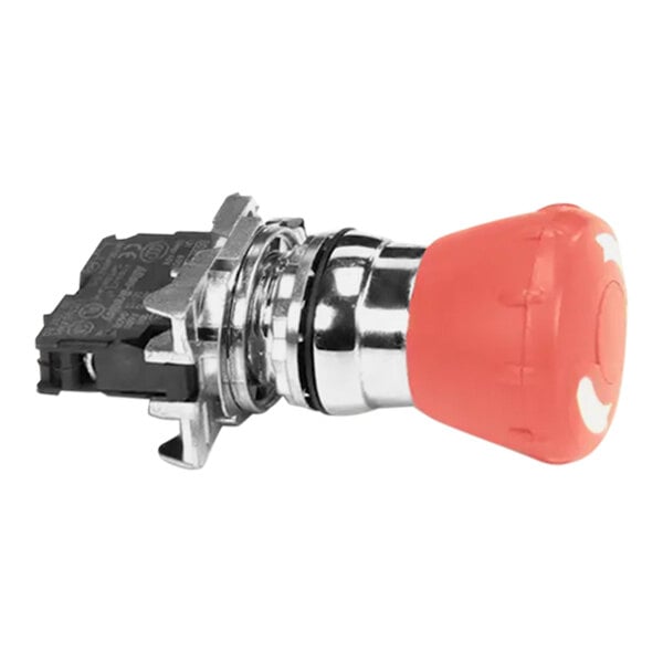 A close-up of a black and white electrical device with a red push button.