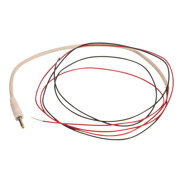 A white cable with red and black wires.